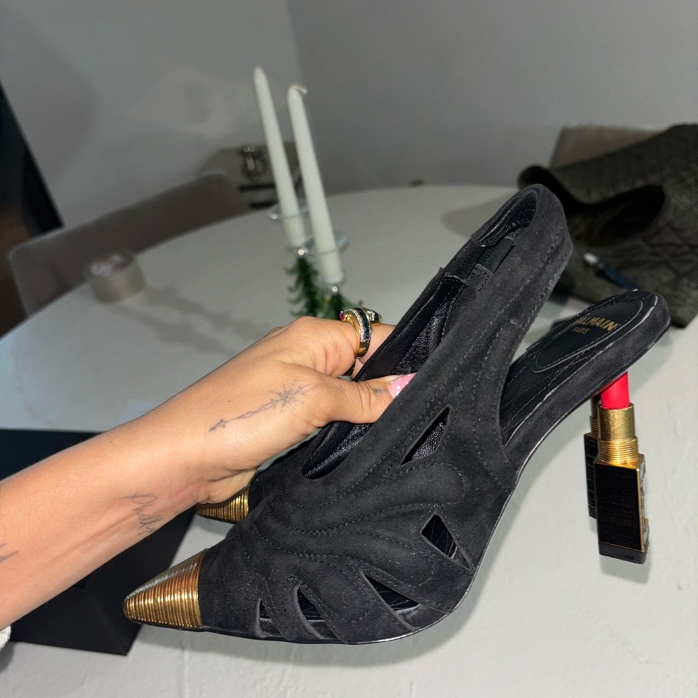 Balmain Black and Gold Cutout Slingback Heels
